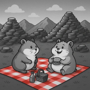 Dos hámsters sentados en un picnic entre montañas de monedas