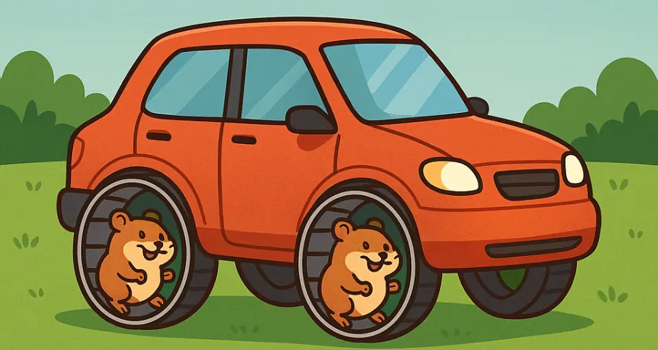 Un coche donde en lugar de ruedas hay hámsters corriendo en una rueda